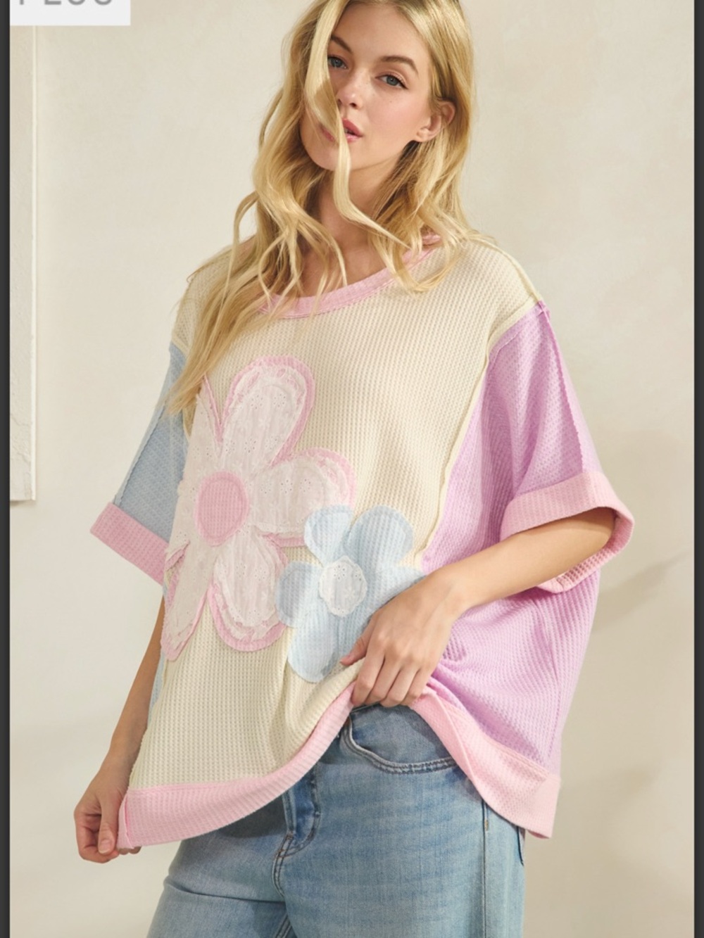 💕 PLUS Sage + Fig Pastel Floral Waffle-Knit Short Sleeve Shirt - Picture 5 of 8